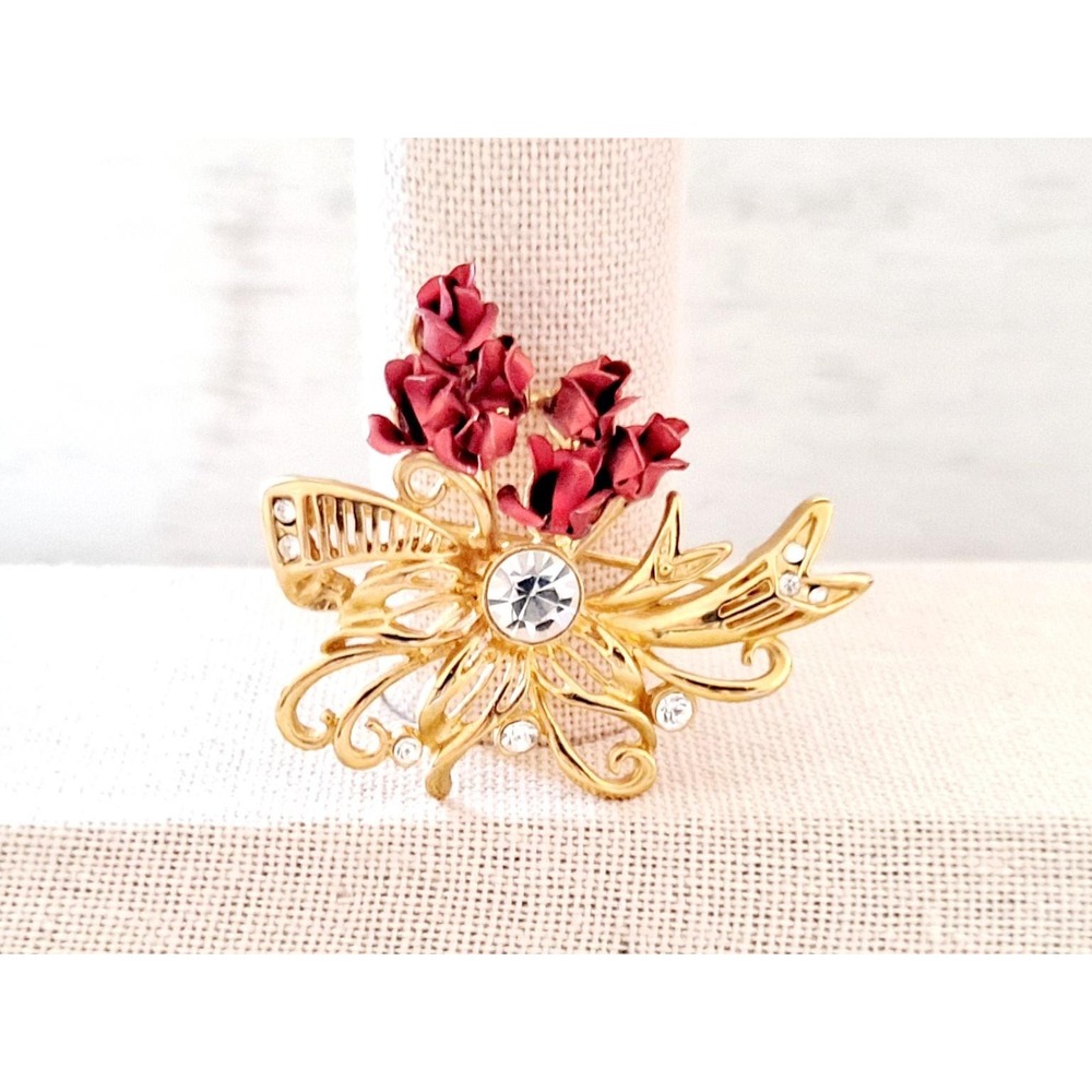 Vintage Red Rose Ribbon Brooch Goldtone Clear Rhinestones